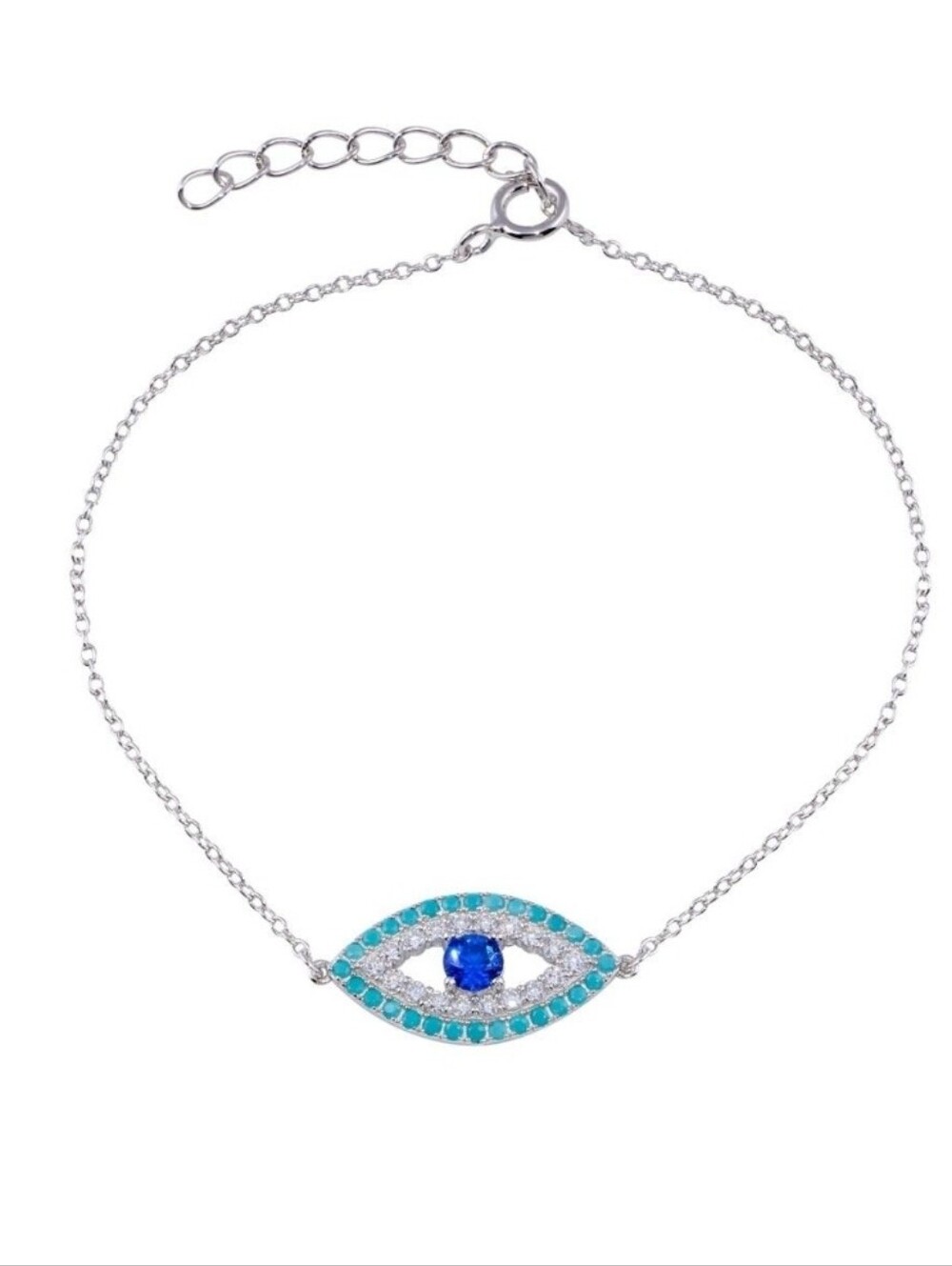 Sterling Silver 925 Rhodium Plated Turquoise, Blue And Clear Evil Eye Bracelet